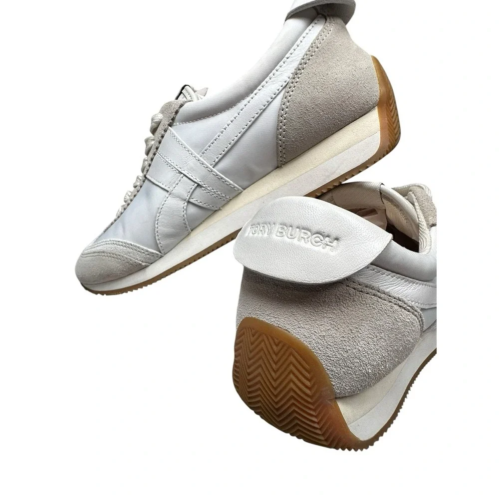 Tory Burch Hank Slim Sneaker Womens 8.5 Ivory White Suede Retro Trainer Gum Sole